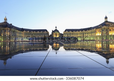 Reflection of Place De La Bourse tramway in Bordeaux, France. A Unesco World Heritage