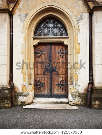 Old wooden church door. Zagreb, Croatia