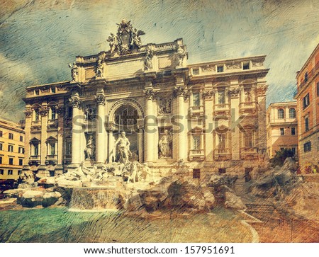Fountain di Trevi - most famous Rome\'s fountains in the world. Italy. Picture in artistic retro style.