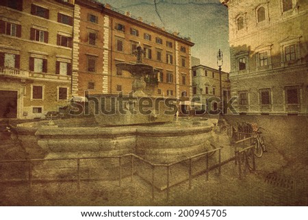two fountains from old bathtub in square if front of embassy of France. Rome. Italy.  Picture in artistic retro style.