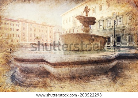 fountain from old bathtub on square if front of embassy of France. Rome. Italy. Picture in artistic retro style.