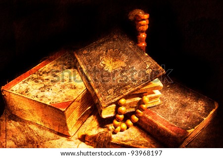 still life with old religious books - picture in artistic retro style
