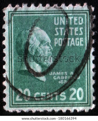 UNITED STATES - CIRCA 1938 : A stamp printed in United States. Displays a portrait of of James Abram Garfield (November 19, 1831 - September 19, 1881). United States - circa 1938