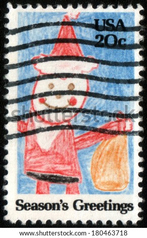 UNITED STATES - CIRCA 1980\'s : A stamp printed in United States. A child drawing of Santa Claus. United States - CIRCA 1980\'s