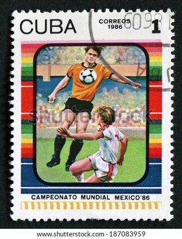 CUBA - CIRCA 1986: A stamp printed by CUBA shows football players. World football cup in Mexico, series, circa 1986