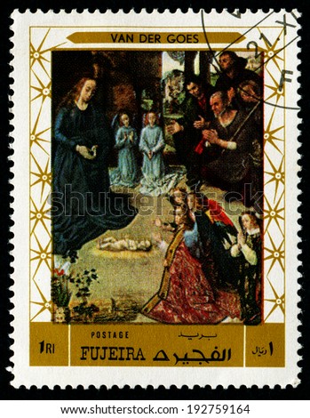FUJEIRA - CIRCA 1972: stamp printed by Fujeira, shows a Painting by VAN DER GOES - Portinari Triptych, circa 1972
