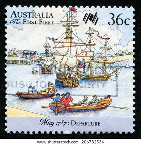 AUSTRALIA - CIRCA 1987: A stamp printed in Australia shows people in the boat. The First Fleet Series: Departure: May 1787, circa 1987.