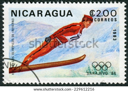 NICARAGUA - CIRCA 1983: a stamp printed in Nicaragua shows Ski jumping, 14th Winter Olympic Games, Sarajevo, Yugoslavia, circa 1983
