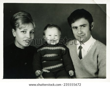 Ussr - CIRCA 1990s: An antique Black & White photo show Family portrait