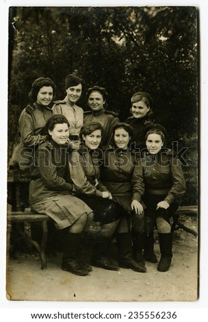 Ussr - CIRCA 1950s: An antique Black & White photo show a group of women soldiers