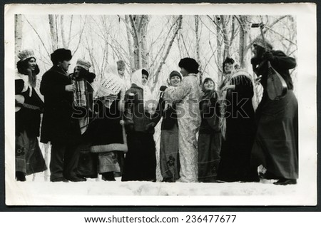 Ussr - CIRCA 1950s: An antique Black & White photo show Celebration of the first day of spring