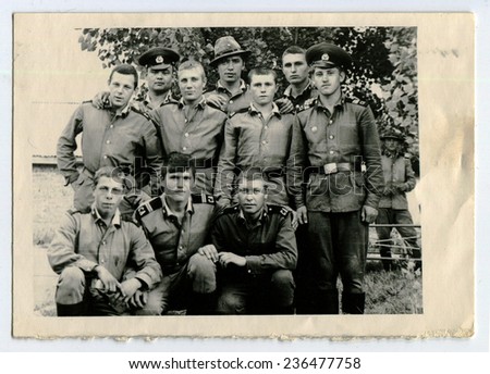 Ussr - CIRCA 1970s: An antique Black & White photo show Group portrait of soldiers