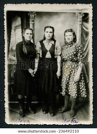Ussr - CIRCA 1950s: An antique Black & White photo shows three young women