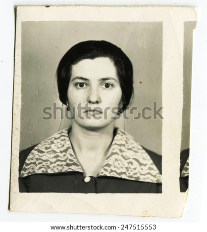 USSR - 1980s: An antique photo shows ID photo of a beautiful woman