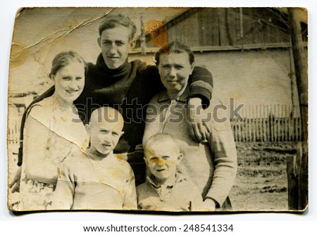 USSR - CIRCA 1970s: An antique Black & White photo show family portrait