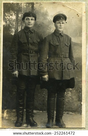 Ussr - CIRCA 1926: An antique Black & White photo show two soldier of red army