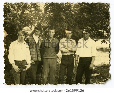 Ussr - CIRCA 1980s: An antique Black & White photo show five young guys