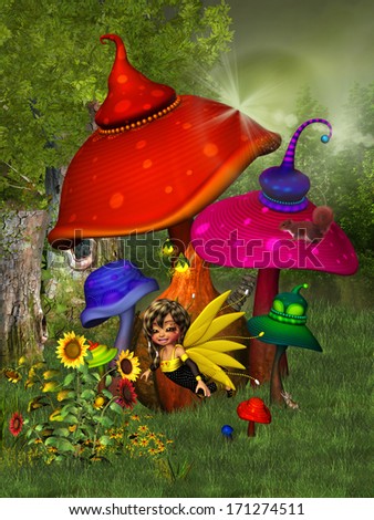 Fairy Forest - A little fairy flies before her pumpkin house. The house stands in the forest and is surrounded by colorful mushrooms. A squirrel sits on a tree and a mouse stand under a mushroom.
