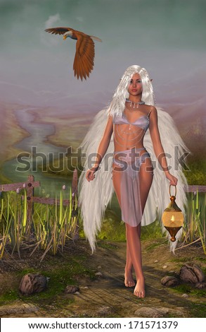 Angels Way - A beautiful angel walks in the evening by the Landscape! A lantern lights up the path and an magnificent eagle accompanies she