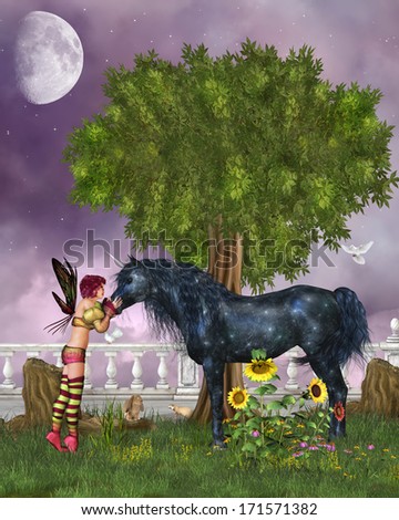 The Last Black Unicorn - A fairy has found the last black unicorn. The fairy and the forest animals admire the last black unicorn! A cute fairytale scene!