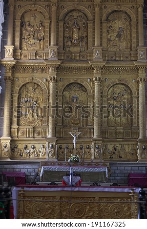 OLD GOA, INDIA - January 6, 2012: Interior of St. Catherine Cathedral - Altar. St. Catherine Cathedral (1640) - largest church in India is dedicated to Catherine of Alexandria.
