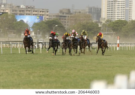 Mumbai, India: circa April 2008: Horse Race at Mahalakshmi race course in April 2008.