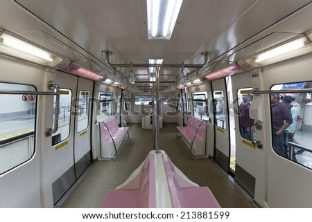 MUMBAI, INDIA - August 29th 2014:Mumbai Monorail train empty coach from inside. Comfortable, modern , fast, new & air conditioned way of transport in Mumbai India.