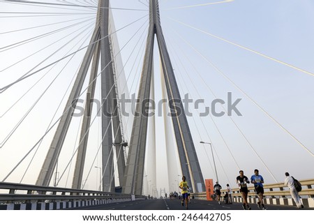 Mumbai India January 18 2015 Mumbai Marathon participants on Bandra Worli sea link also known as Rajiv Gandhi Sea link shot on January 18 2015 early morning.