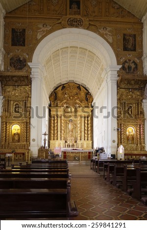 Goa, India- Feb. 06 2015: The main altar with infant Jesus and St. Ignatius Loyola at Basilica Church on  Feb. 06 2015, Goa. The basilica church holds the mortal remains of St. Francis Xavier.