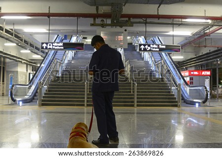 Mumbai, India, March 18, 2015:Dog squad security at Mumbai Metro train. Comfortable, modern , fast, new & air conditioned way of transport in Mumbai India, shot on March 18, 2015.