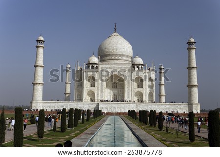 Agra, India, February 14, 2015: Taj mahal at Agra A UNESCO World Heritage Site, A monument of love, the Greatest White marble tomb in India, Agra, Uttar Pradesh shot on February 14, 2015.