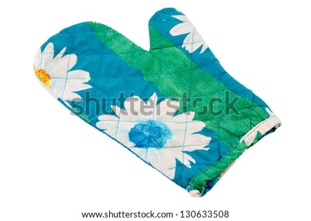 Oven Mitt (glove) - Potholder, isolated on white background,  blue with big white flower. Studio shot.