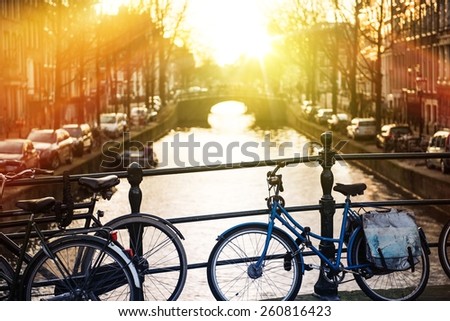Amsterdam Bikes on the Channel Bridge. Amsterdam, Netherlands.