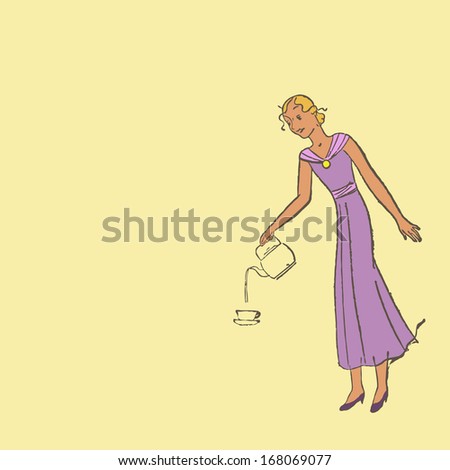 Woman in elegant dress pours coffee into a cup. Retro illustration.