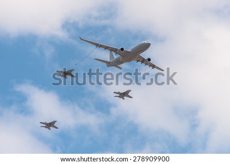 KC-30A Airbus aerial tanker transport in simulated formation with three F18 Super Hornets