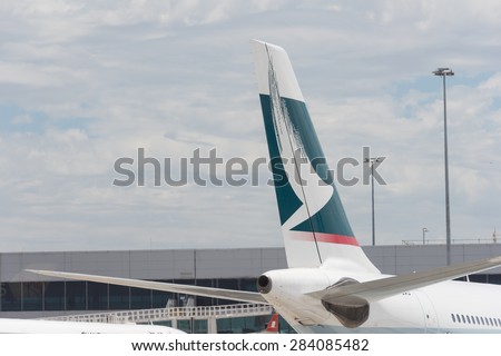 MELBOURNE, VICTORIA/AUSTRALIA, January 14TH: Image of a Cathay Pacific passenger airliner tail at Melbourne Airport on 14th January, 2014 in Melbourne