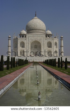 The Taj Mahal in Agra, India with reflection in pool.
