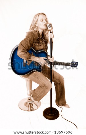 Blonde female rock singer in Sepia with blue guitar on white background