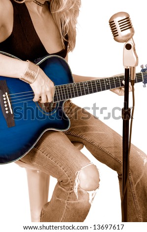 Blonde female rock singer in Sepia with blue guitar on white background