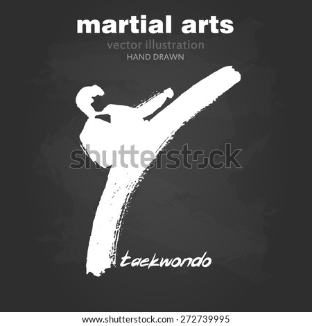 Silhouette of a man in the front karate, taekwondo, martial arts. In the style of eastern painting. Designed for sports events, competitions, tournaments, vector illustrations.