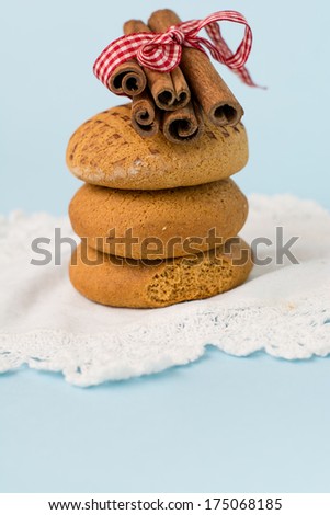 Gingerbread cookies and cinnamon sticks on color background. Gingerbread