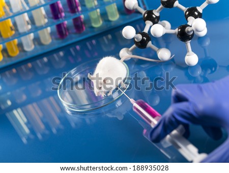 Workplace modern laboratory for molecular biology test on blue background
