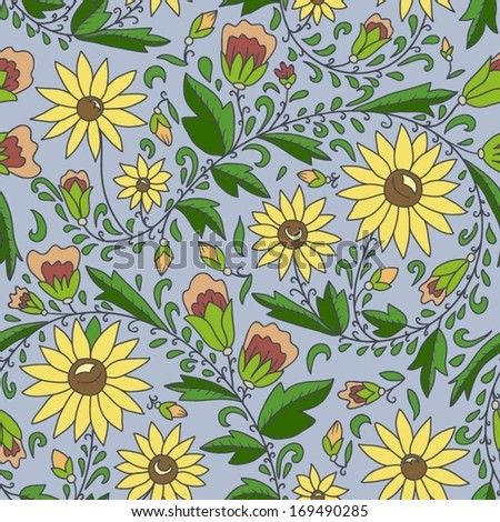 seamless texture with flowers, sunflower, leaves, buds