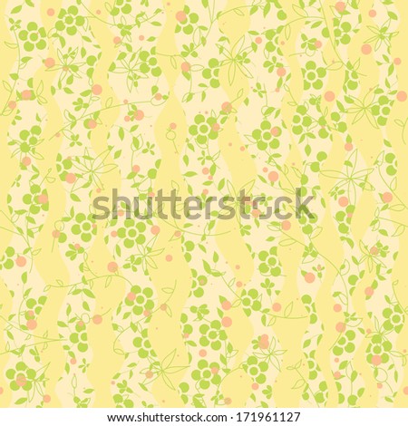 Seamless texture with a vegetative ornament, flowers, dots. Yellow background, green flowers, pink points.
