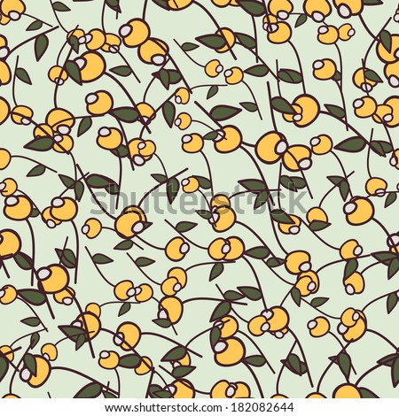 seamless background with yellow berries and green leaves. small items. used as wallpaper, texture, pattern fill