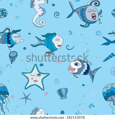 seamless  texture with abstract fish and sea world  Fish sing and smile