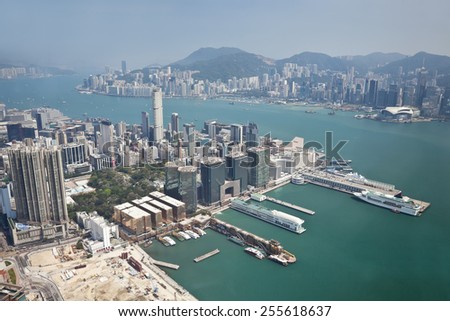 Aerial view of Hong Kong with Kowloon Peninsula in the foreground