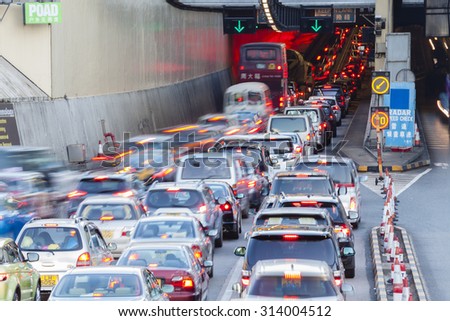 Hong Kong, China - June 19, 2015: Busy traffic of the Cross Harbour Tunnel in Hong Kong. It is one of the most congested roads in Hong Kong.