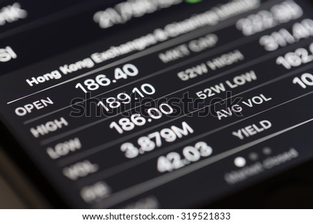 Melbourne, Australia - Sep 22, 2015: Close-up view of stock market data in iPhone Stocks app
