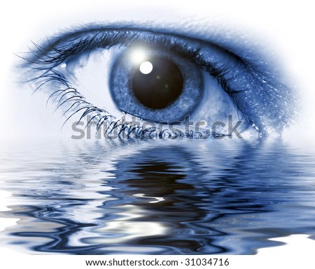 Blue eye close-up with light flare on white background and water glare